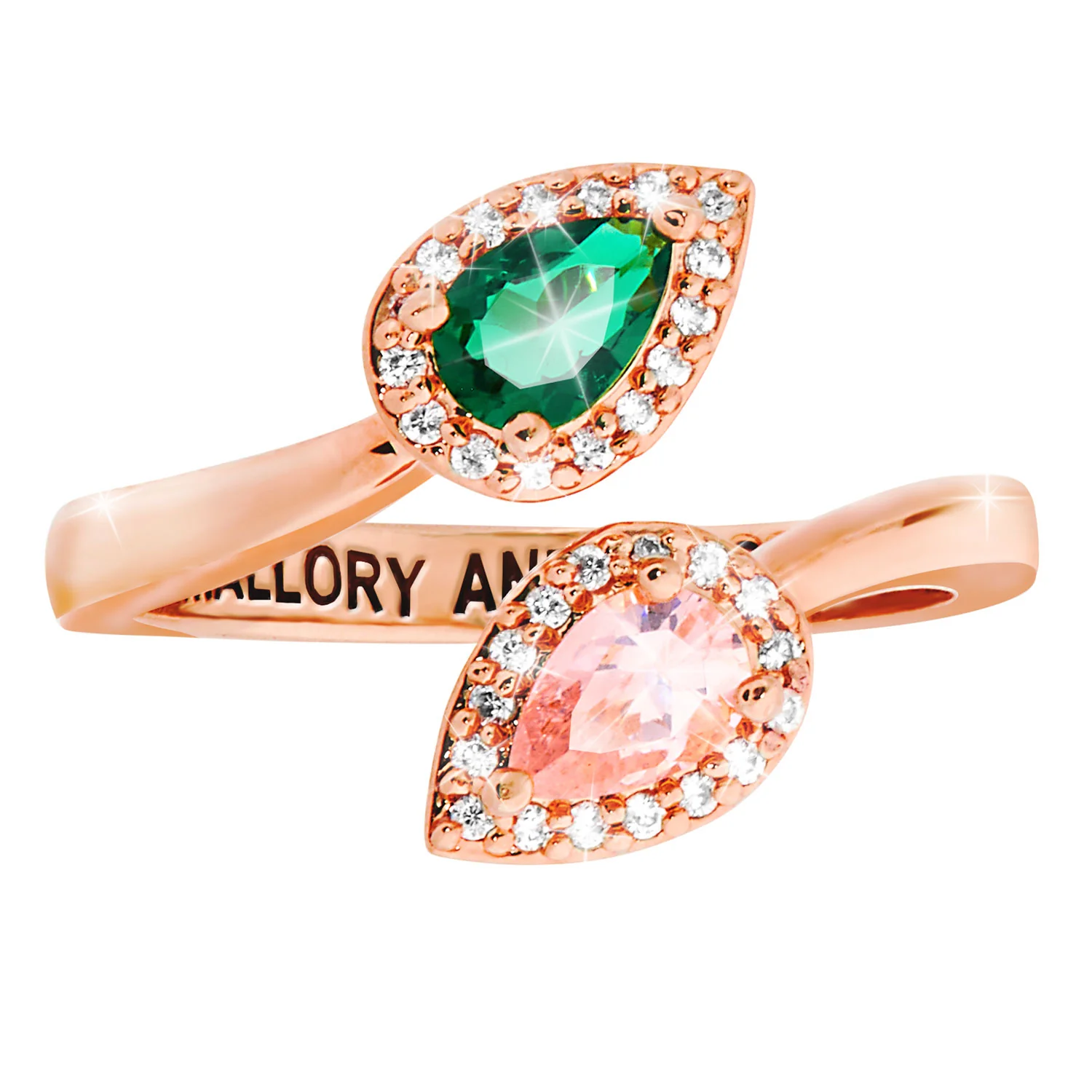 Rose Gold Plated Couple's Pear Birthstone CZ Halo Bypass Ring - Image 2