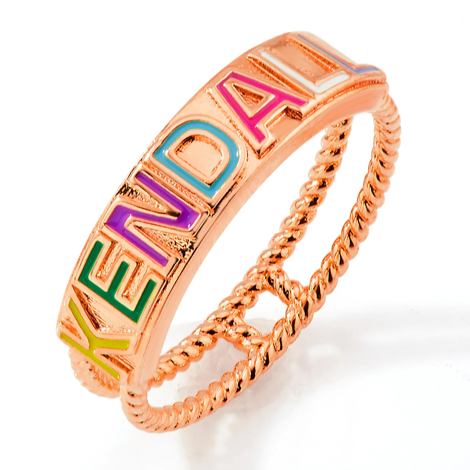 Rose Gold Plated Enamel Name with Double Roped Band Ring - Image 3