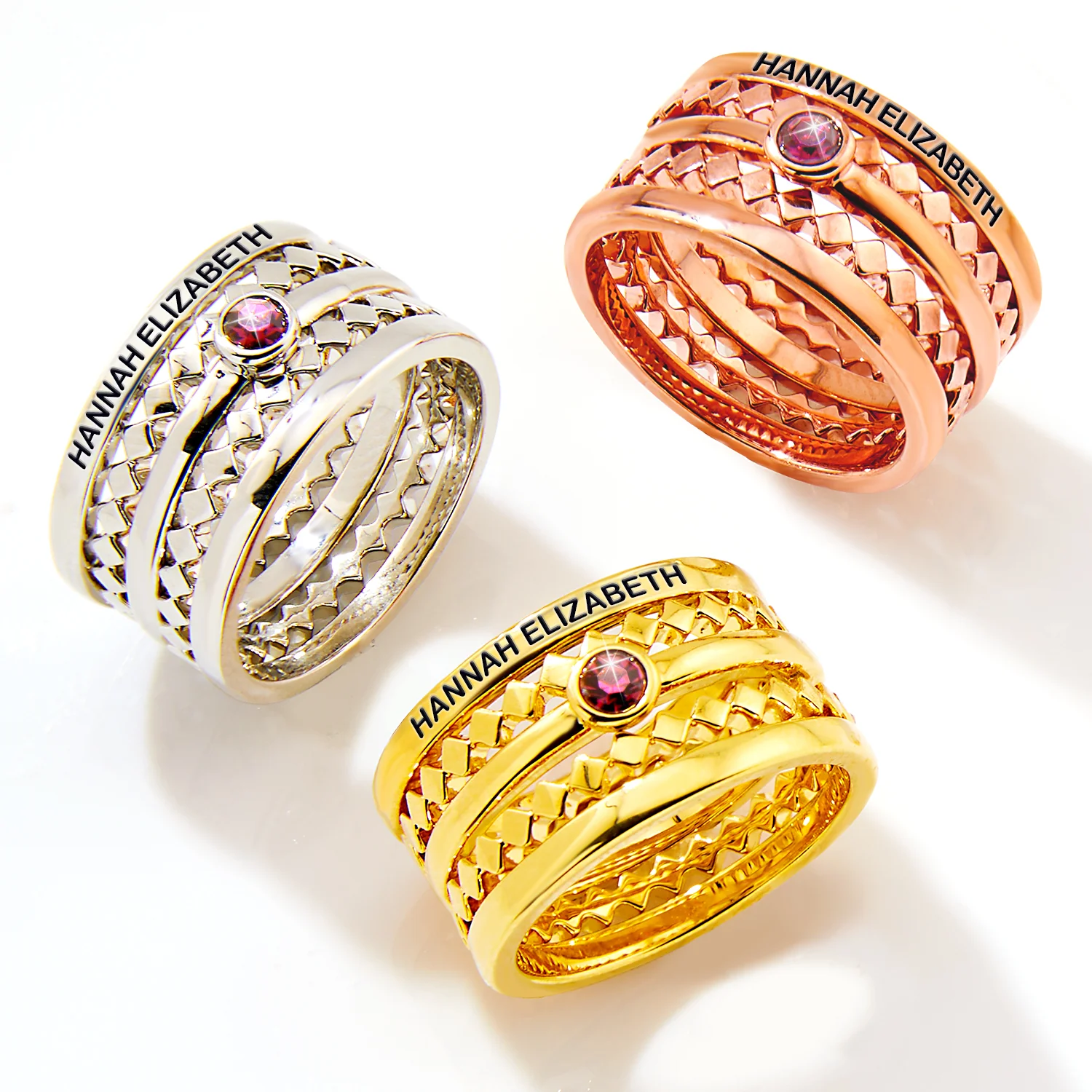 Rose Gold Plated Engraved Birthstone Geometric Stackable 5 Ring Set - Image 4