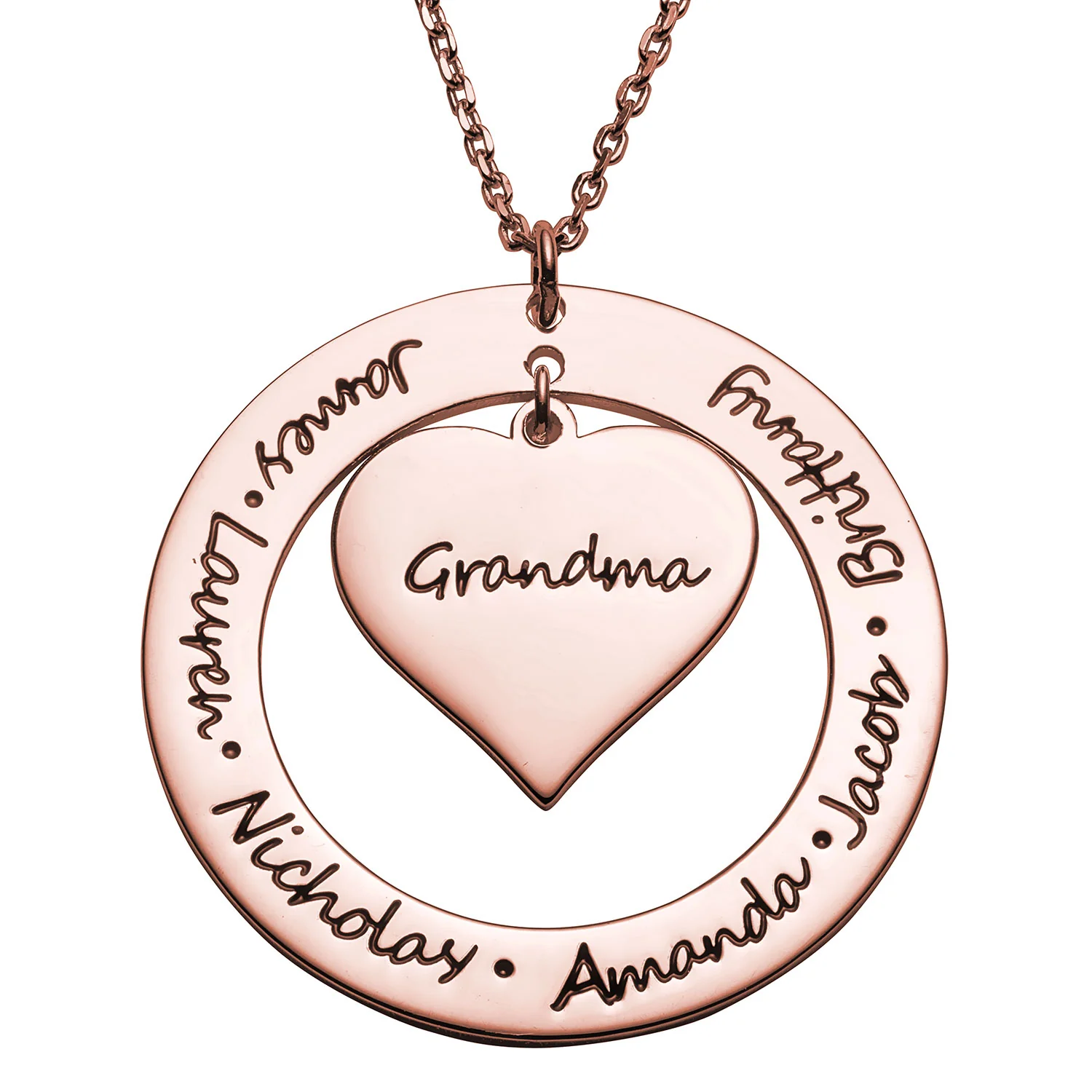 14K Rose Gold Plated Engraved Family Name Heart and Circle Necklace