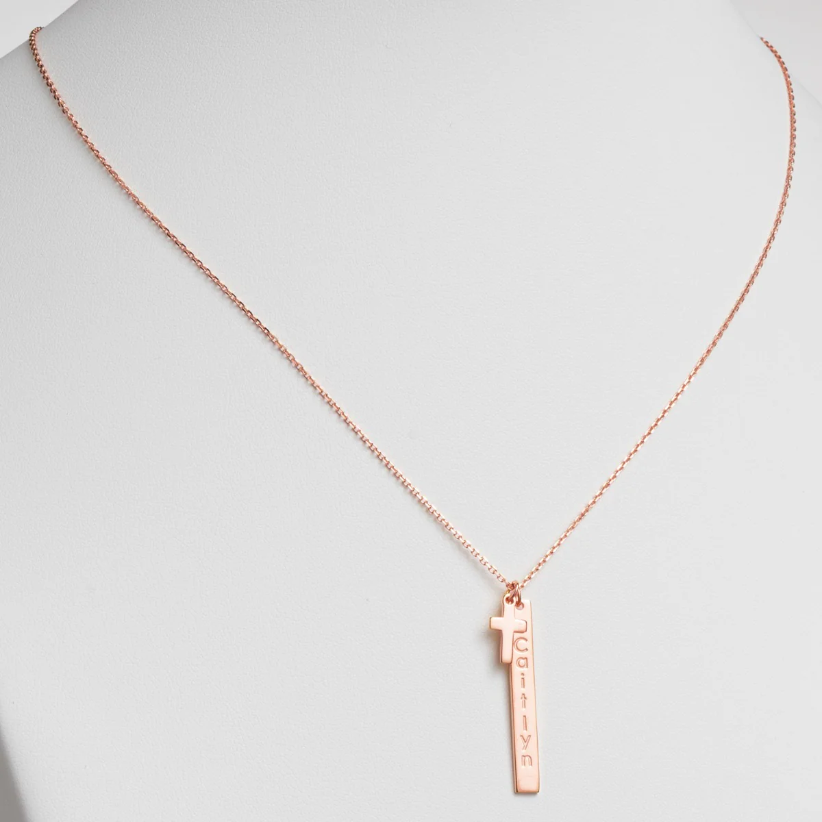 14K Rose Gold Plated Engraved Name Vertical Bar With Cross Necklace - Image 2