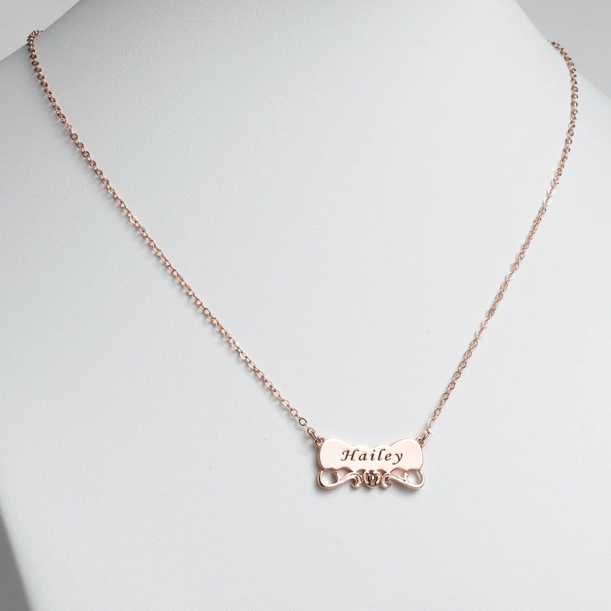 14K Rose Gold Plated Engraved Name with Heart Scroll Plaque Necklace - Image 2