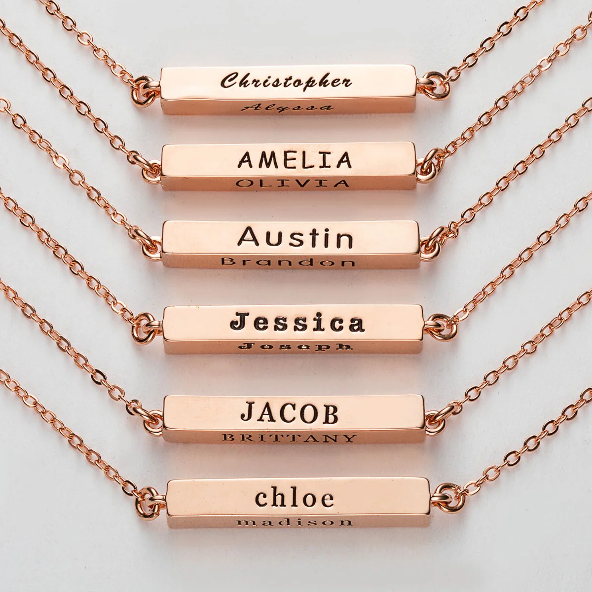 14K Rose Gold Plated Horizontal 4-Sided Engraved Family Name Necklace