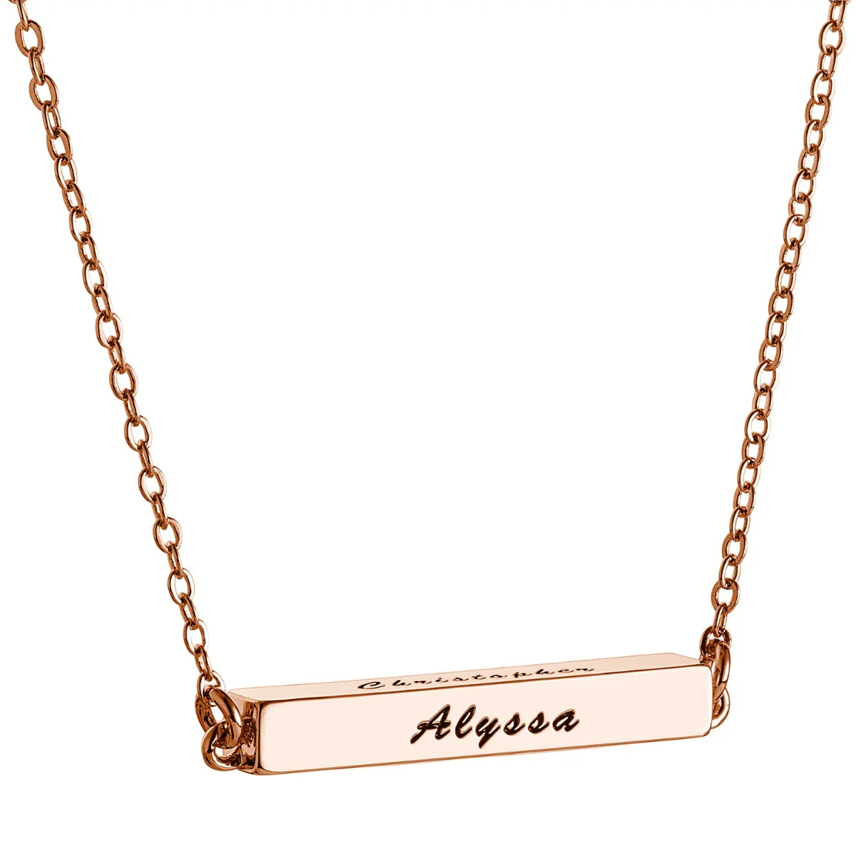 14K Rose Gold Plated Horizontal 4-Sided Engraved Family Name Necklace - Image 2