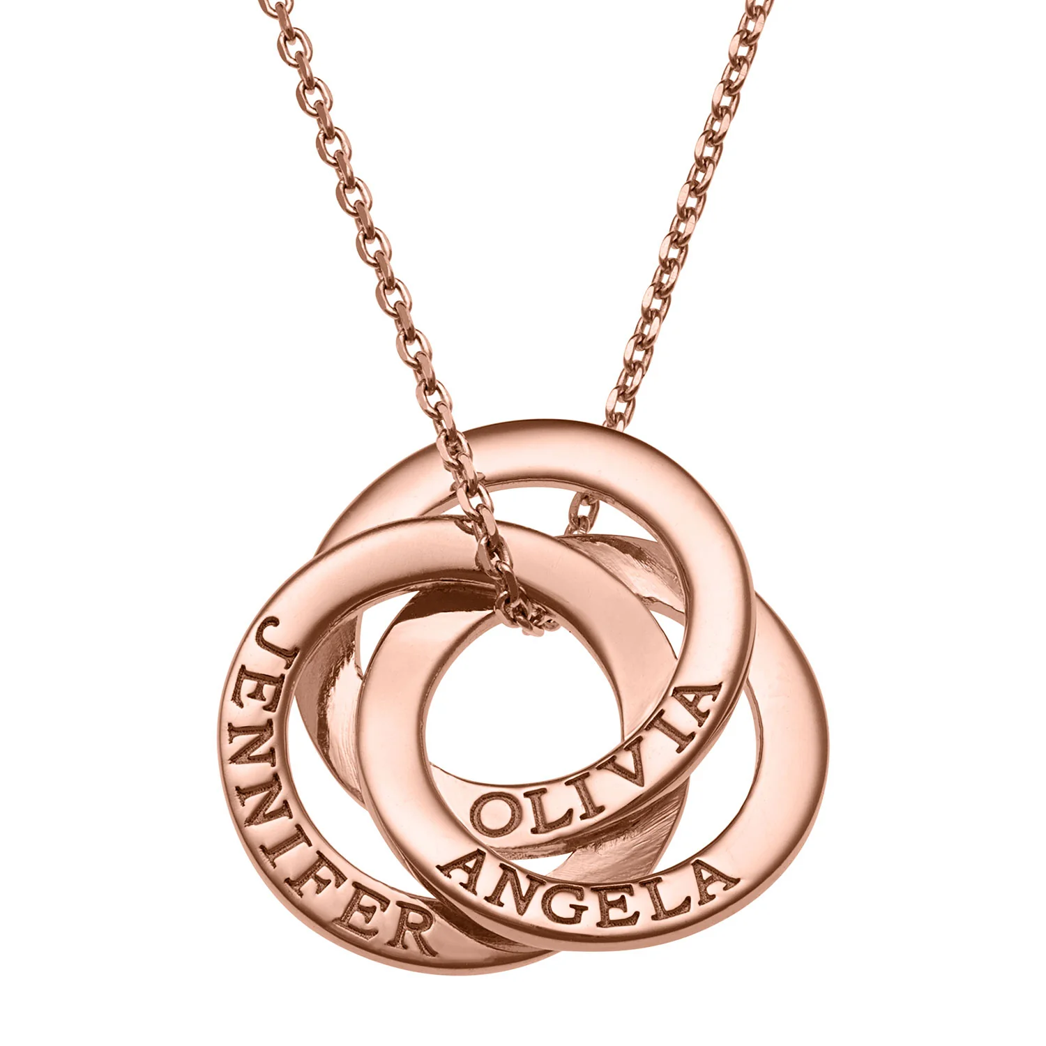 14K Rose Gold Plated Interlocking Rings Engraved Names Necklace - Image 2