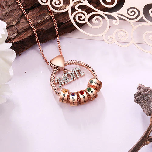 Rose Gold Plated Mom Circle Pendant with Engraved Birthstone Charm - Image 2