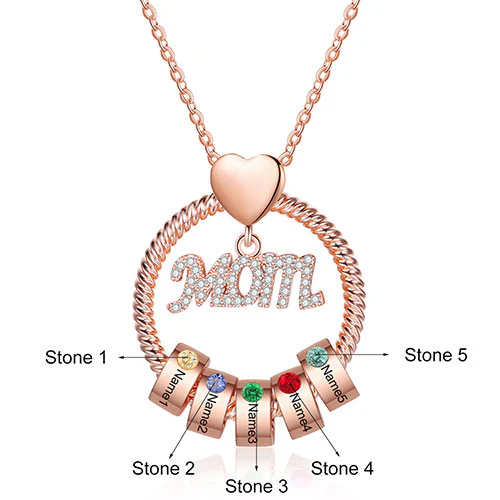 Rose Gold Plated Mom Circle Pendant with Engraved Birthstone Charm - Image 3