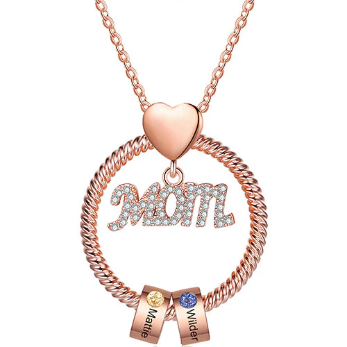 Rose Gold Plated Mom Circle Pendant with Engraved Birthstone Charm - Image 4