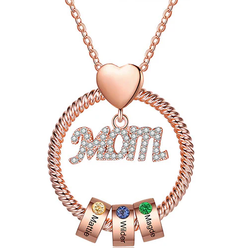 Rose Gold Plated Mom Circle Pendant with Engraved Birthstone Charm - Image 5