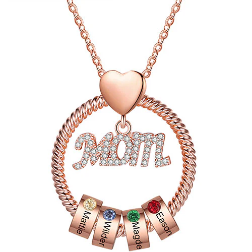 Rose Gold Plated Mom Circle Pendant with Engraved Birthstone Charm - Image 6
