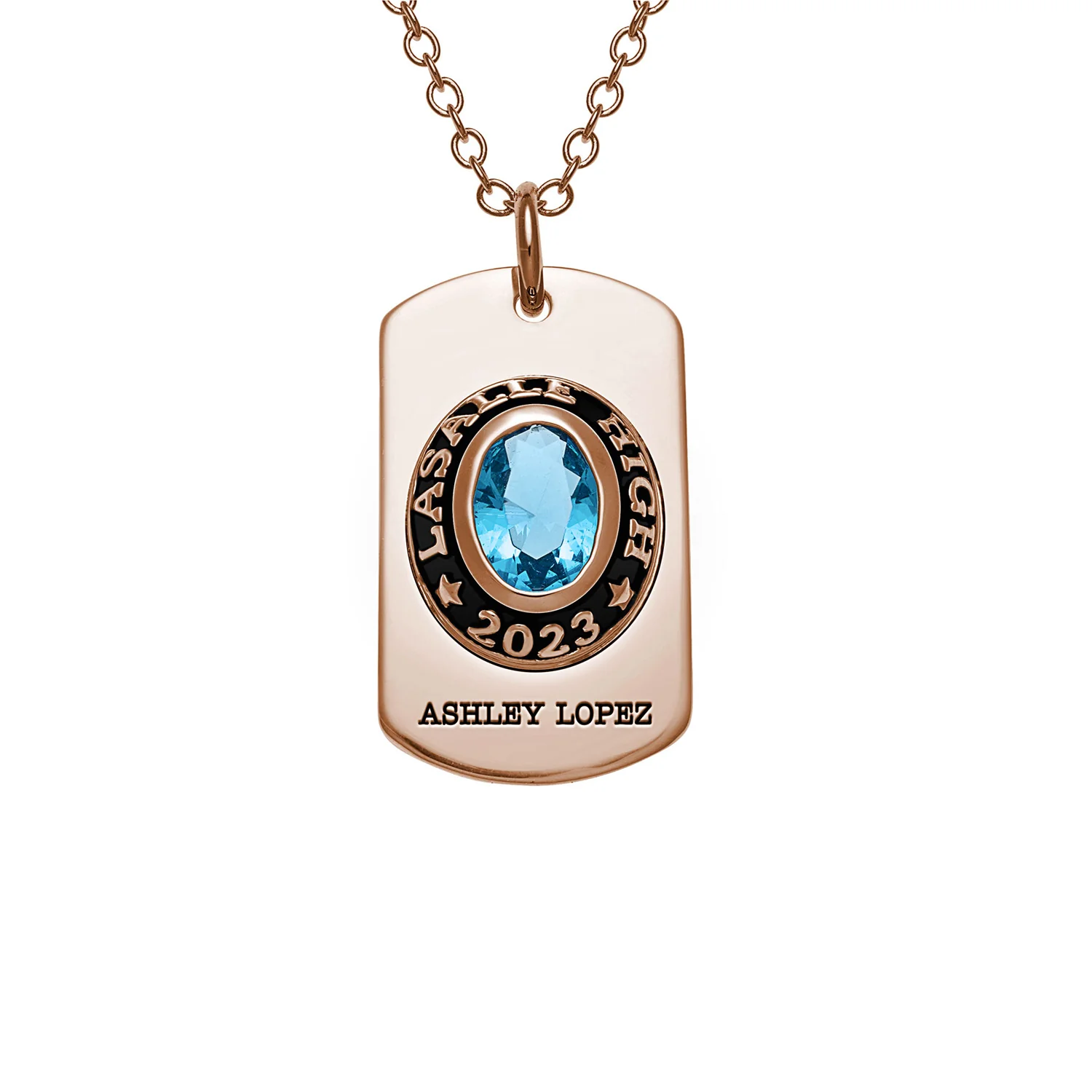 Women's Rose Gold CELEBRIUM Personalized Oval Cut Birthstone Graduation Dog Tag Pendant