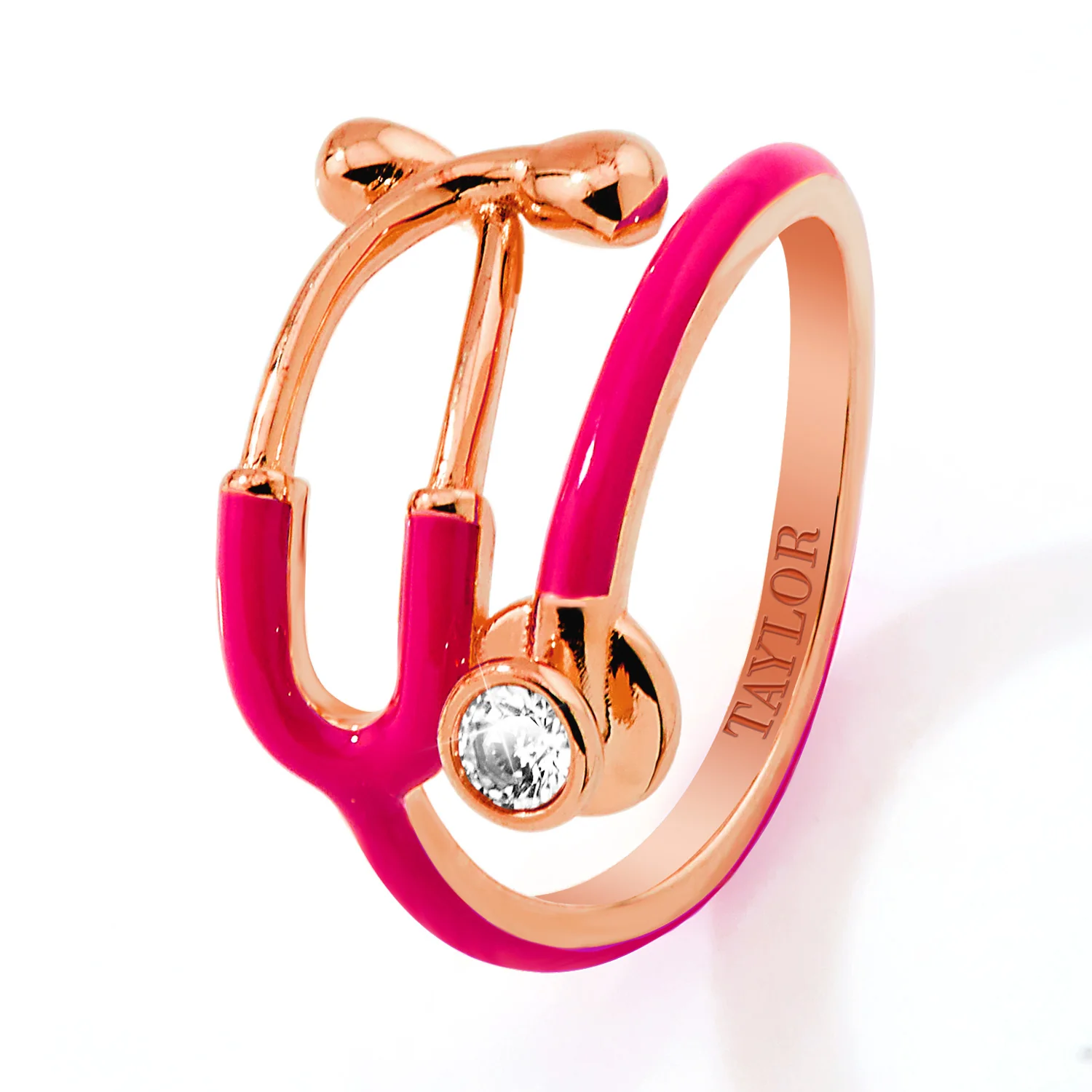 Rose Gold Plated Personalized Birthstone & Enamel Stethoscope Wrap Ring - Image 3