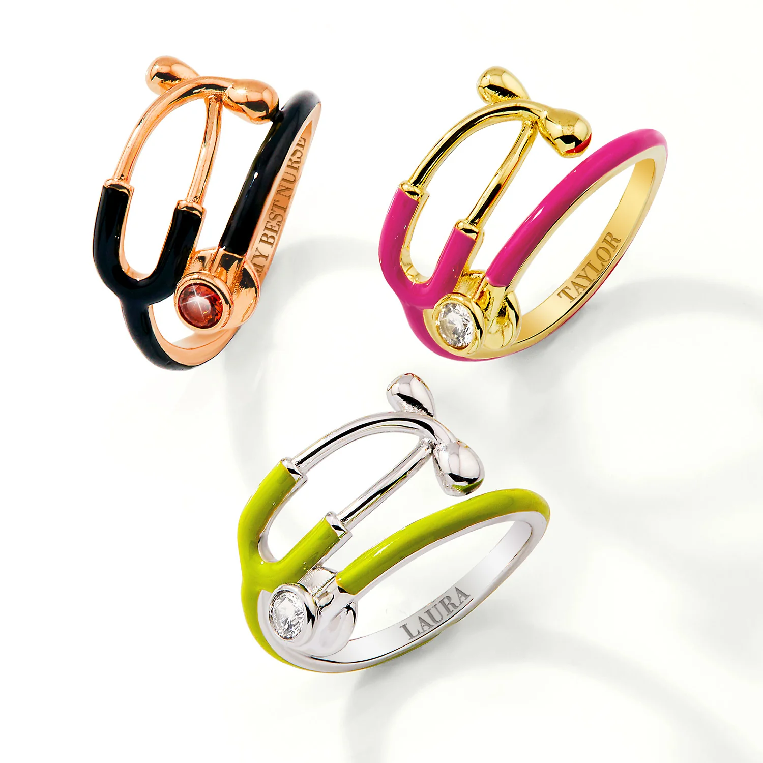 Rose Gold Plated Personalized Birthstone & Enamel Stethoscope Wrap Ring - Image 5