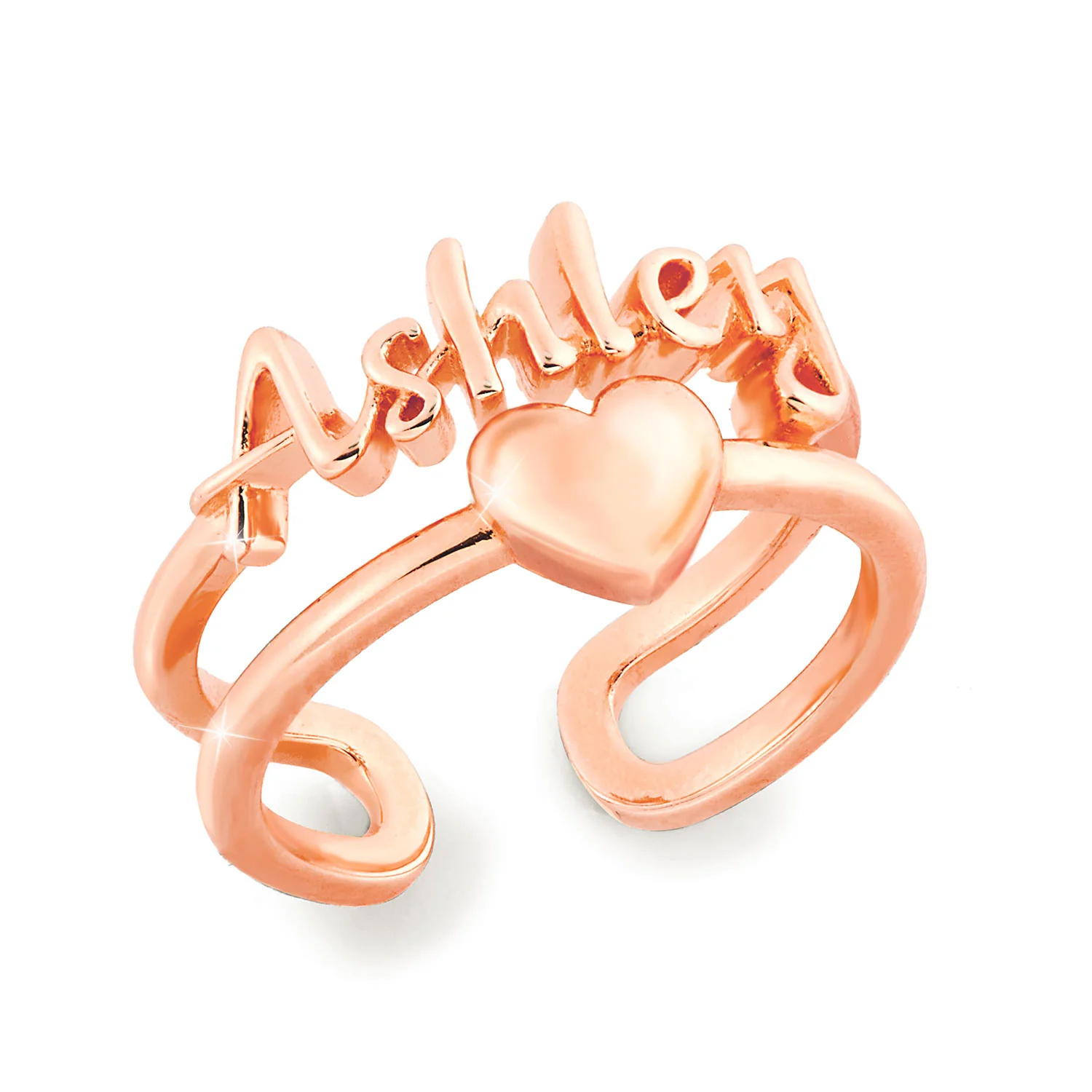 Rose Gold Script Name and Heart Double Row Ring - Image 2