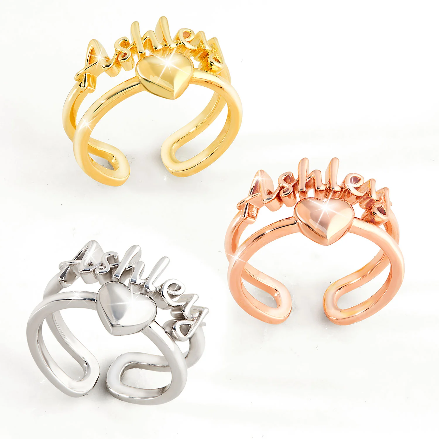 Rose Gold Script Name and Heart Double Row Ring - Image 3