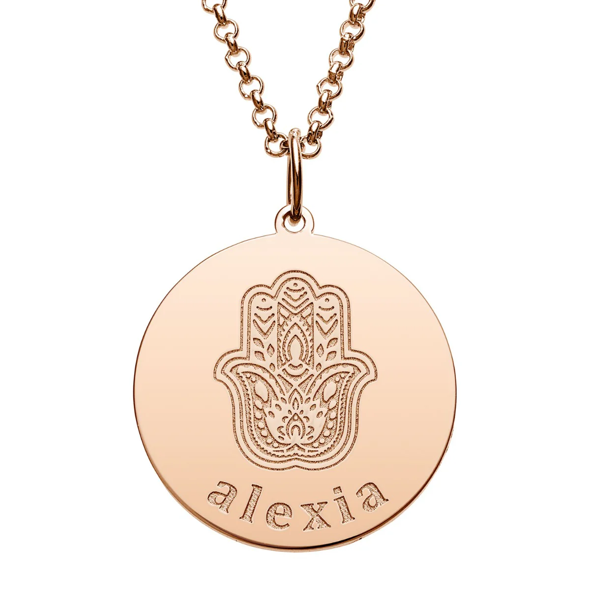 14K Rose Gold Plated Engraved Name and Hamsa Hand Disc Necklace