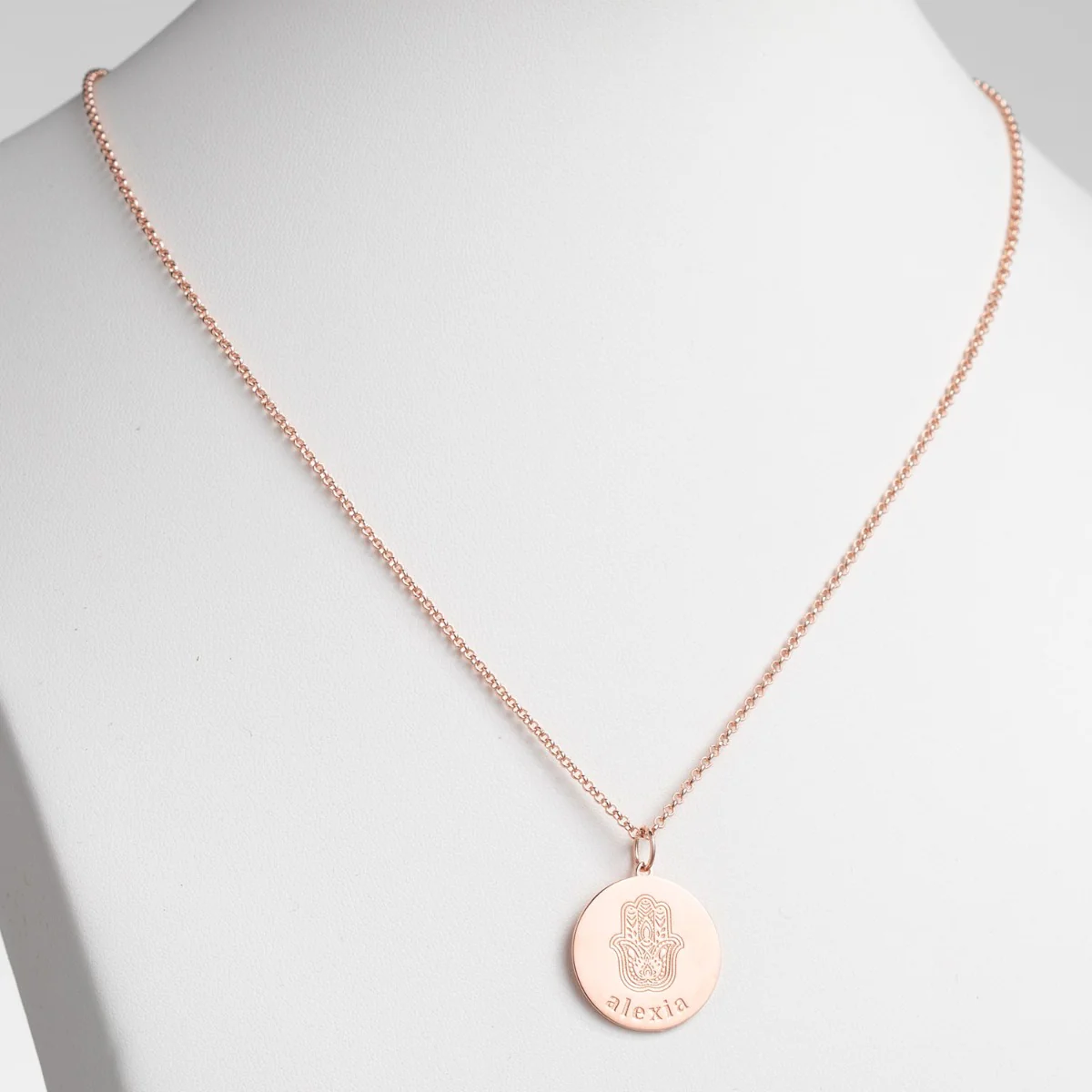 14K Rose Gold Plated Engraved Name and Hamsa Hand Disc Necklace - Image 2