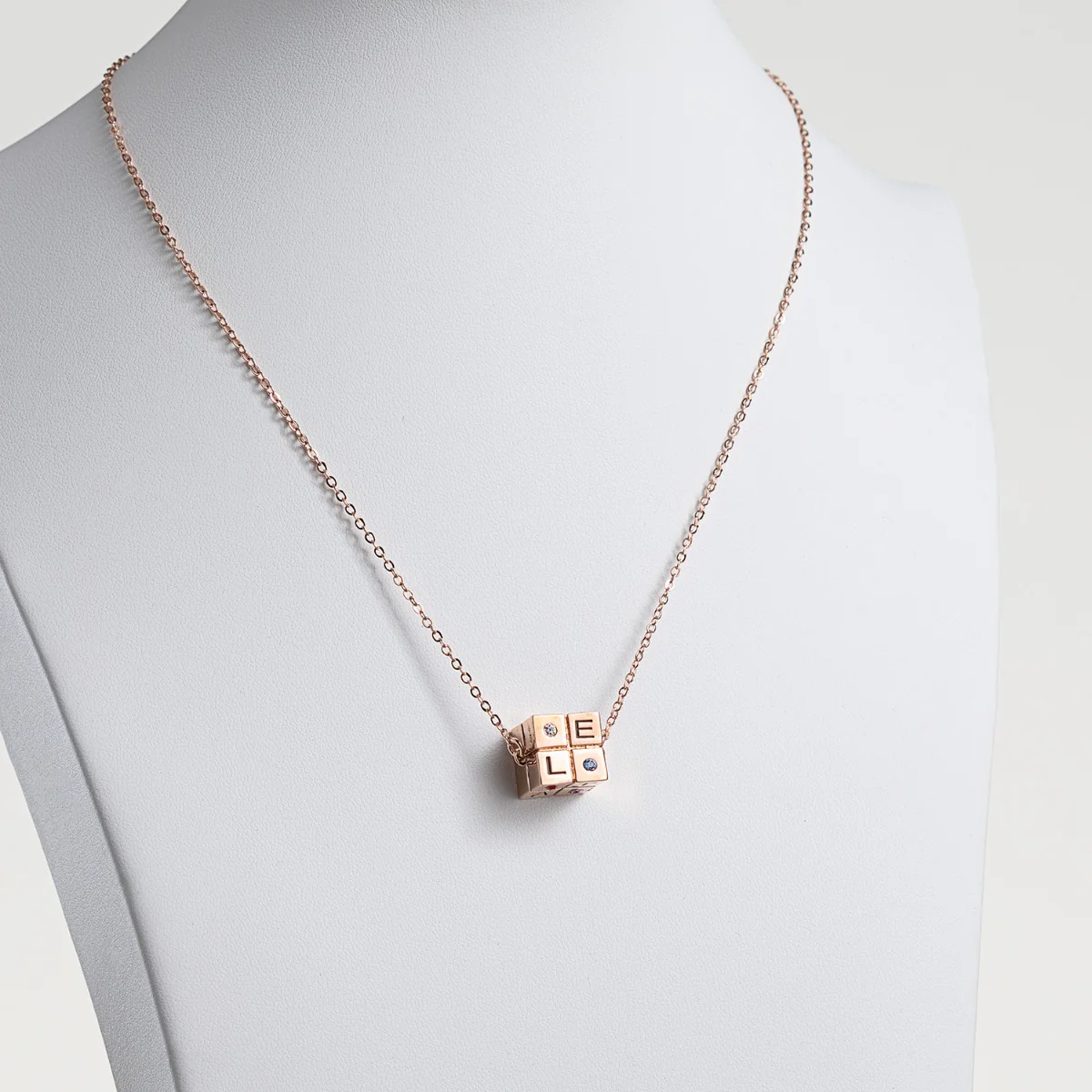 14K Rose Gold Plated Family Initial and Birthstone Cube Necklace - Image 2