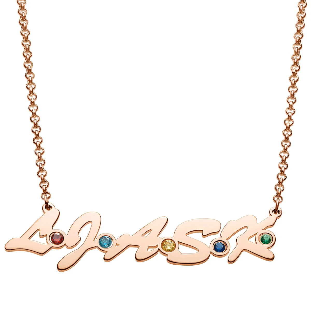 14K Rose Gold Plated Family Initials and Birthstones Necklace