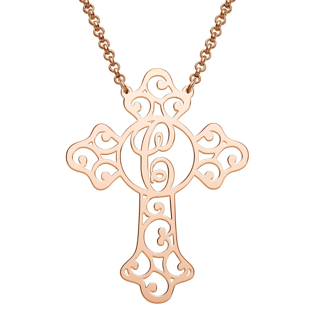 14K Rose Gold Plated Filigree Cross with Initial Necklace