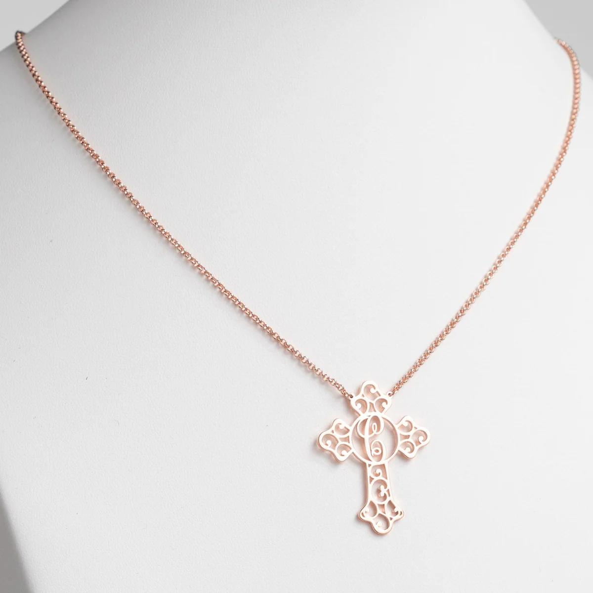 14K Rose Gold Plated Filigree Cross with Initial Necklace - Image 2