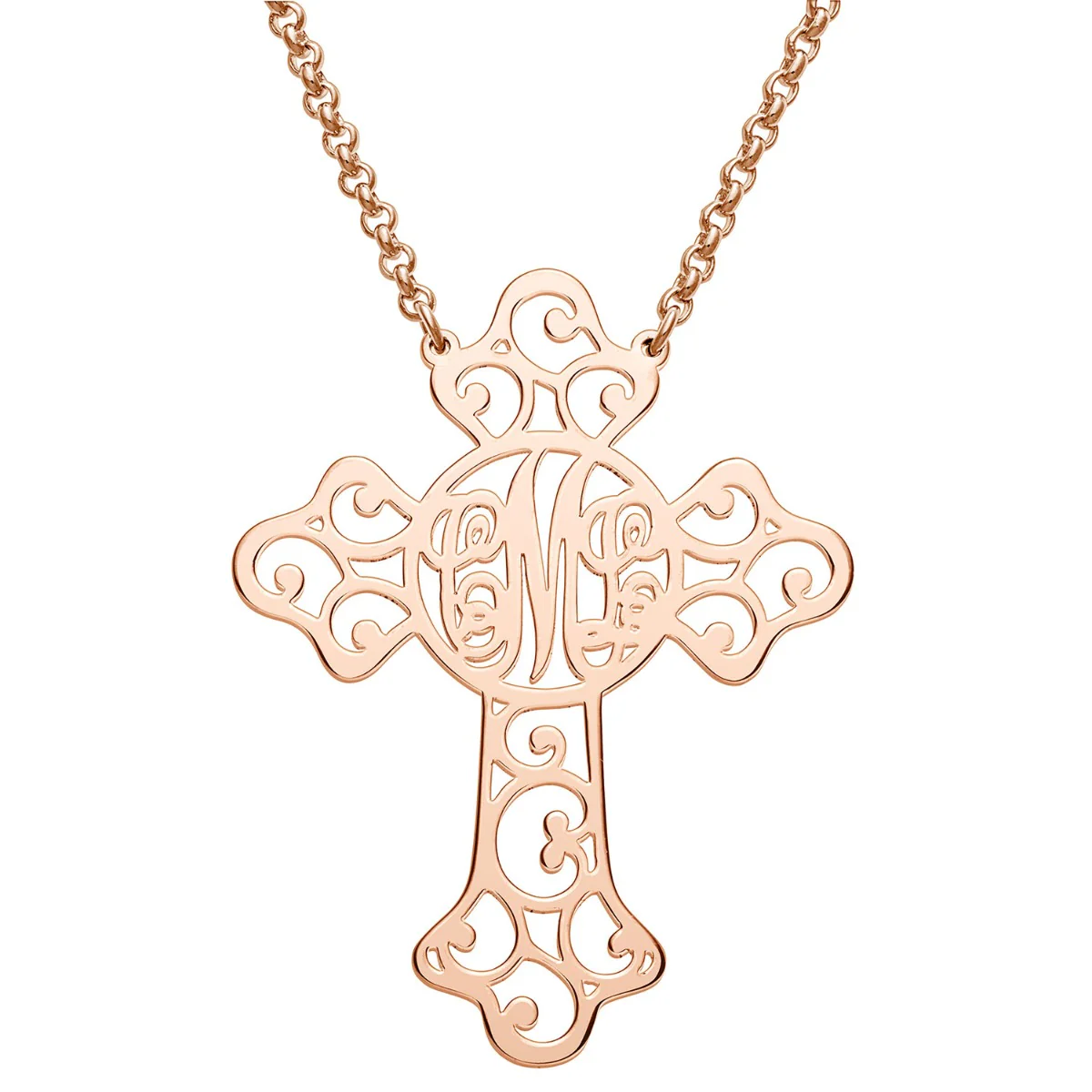 14K Rose Gold Plated Filigree Cross with Monogram Necklace
