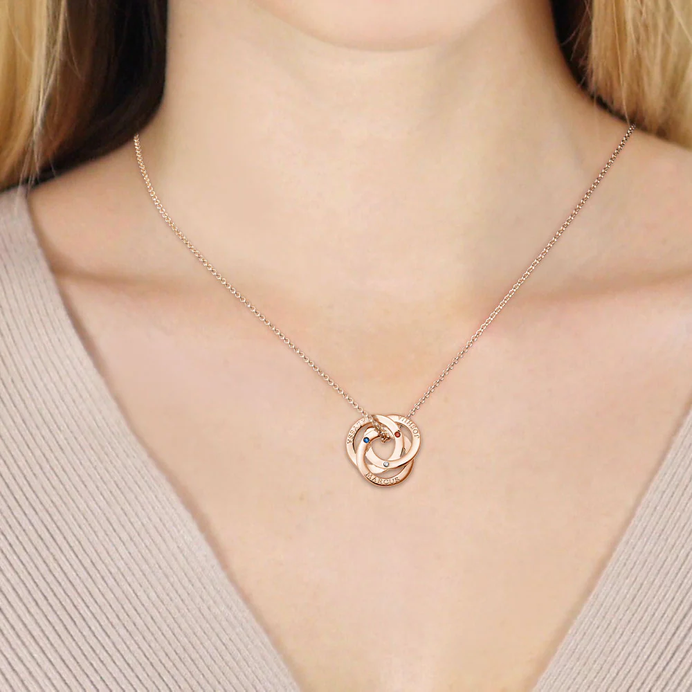 14K Rose Gold Plated Interlocking Rings with Birthstones Name Necklace - Image 3