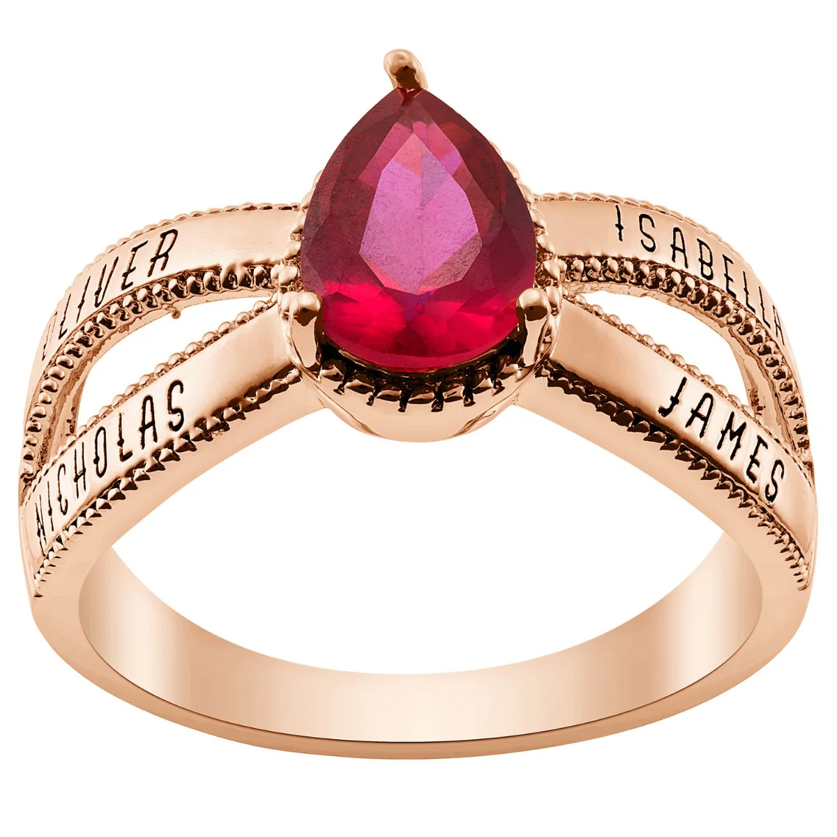 14K Rose Gold Plated Mother's Pear Birthstone Family Name Ring