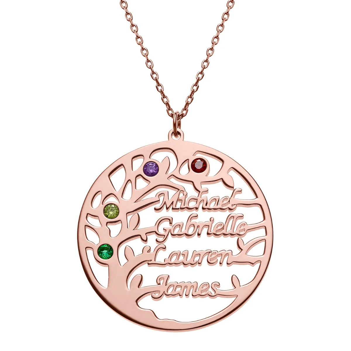 14K Rose Gold Plated Name and Birthstone Family Tree Necklace