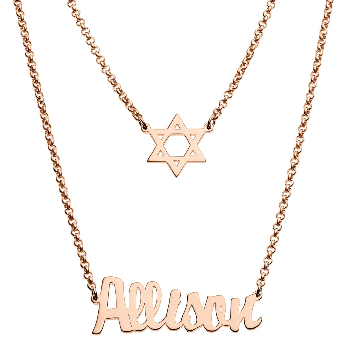 14K Rose Gold Plated Name and Star of David Layered Double Necklace