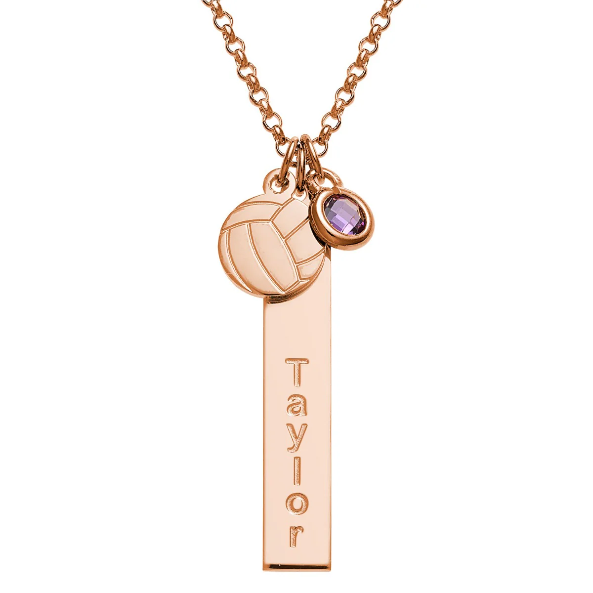 14K Rose Gold Plated Name Necklace with Volleyball Charm and Birthstone Dangle - Image 4