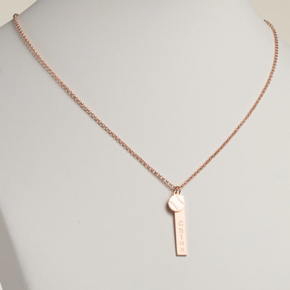 14K Rose Gold Plated Name Necklace with Baseball Charm Dangle