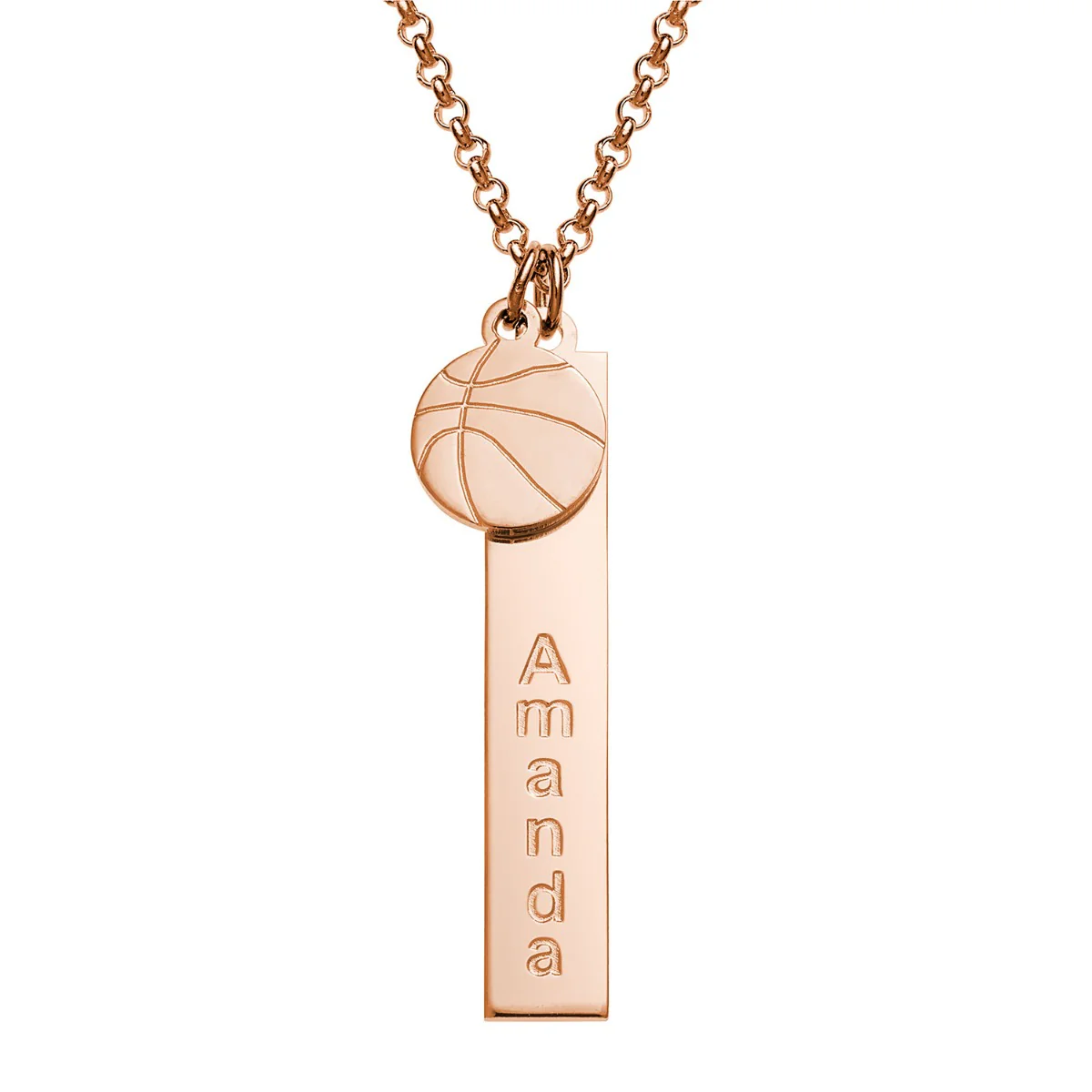 14K Rose Gold Plated Name Necklace with Basketball Charm Dangle - Image 3