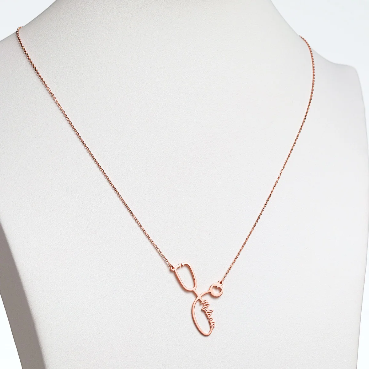 14k Rose Gold Plated Script Name Stethoscope with Heart Necklace - Image 3
