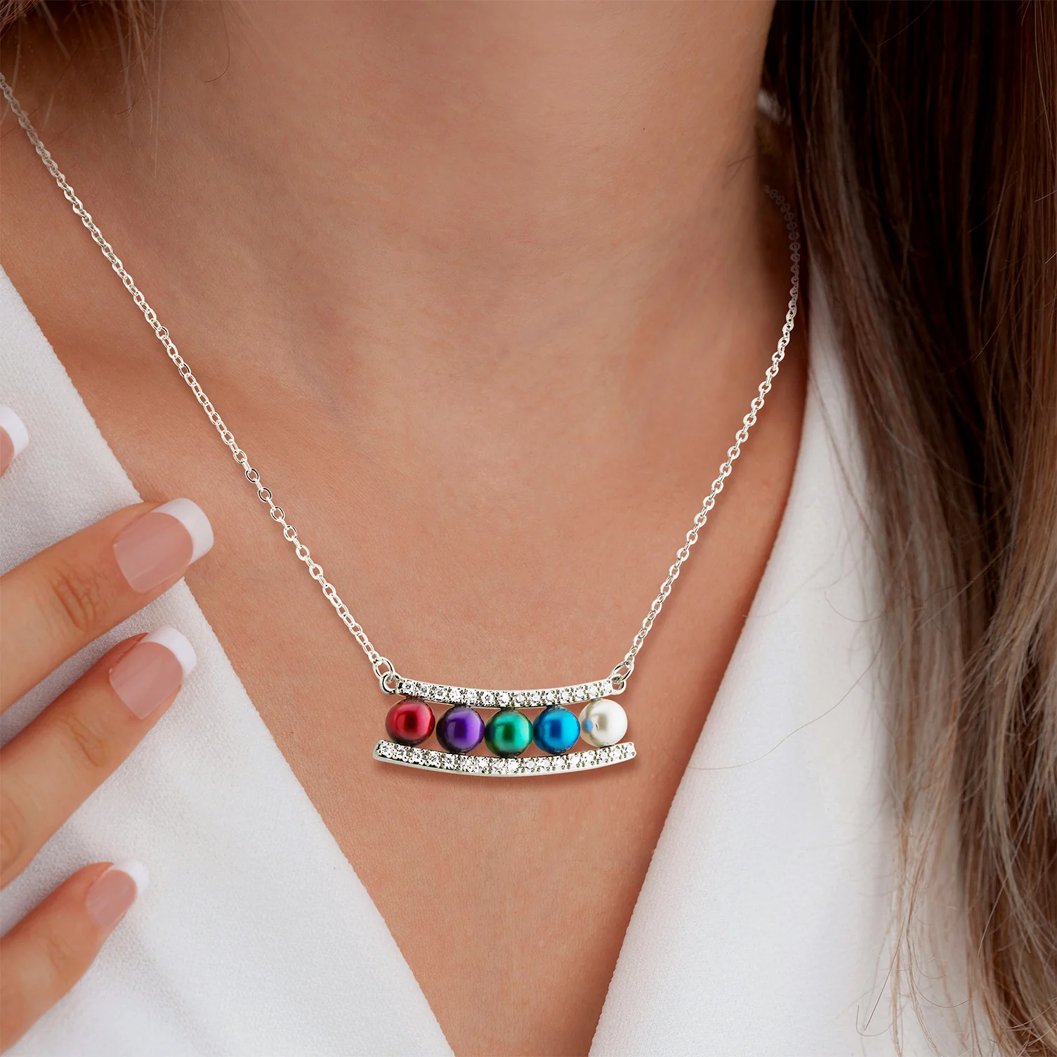 Silver Birthstone Pearl and Clear CZ Bar Necklace - Image 2