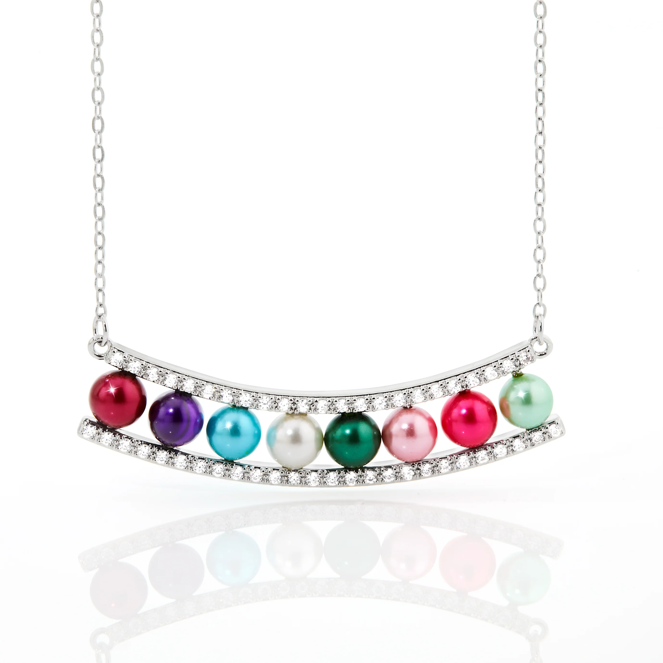 Silver Birthstone Pearl and Clear CZ Bar Necklace - Image 5