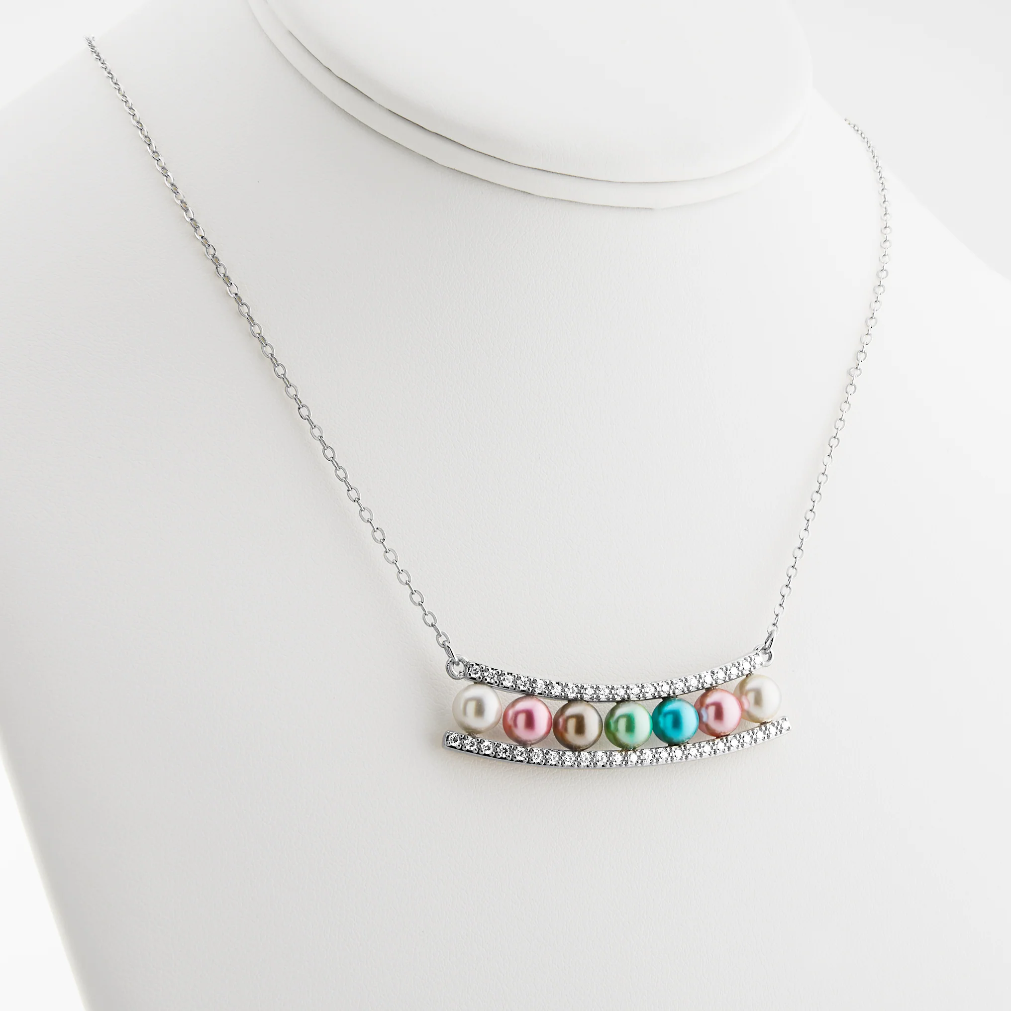 Silver Birthstone Pearl and Clear CZ Bar Necklace - Image 6
