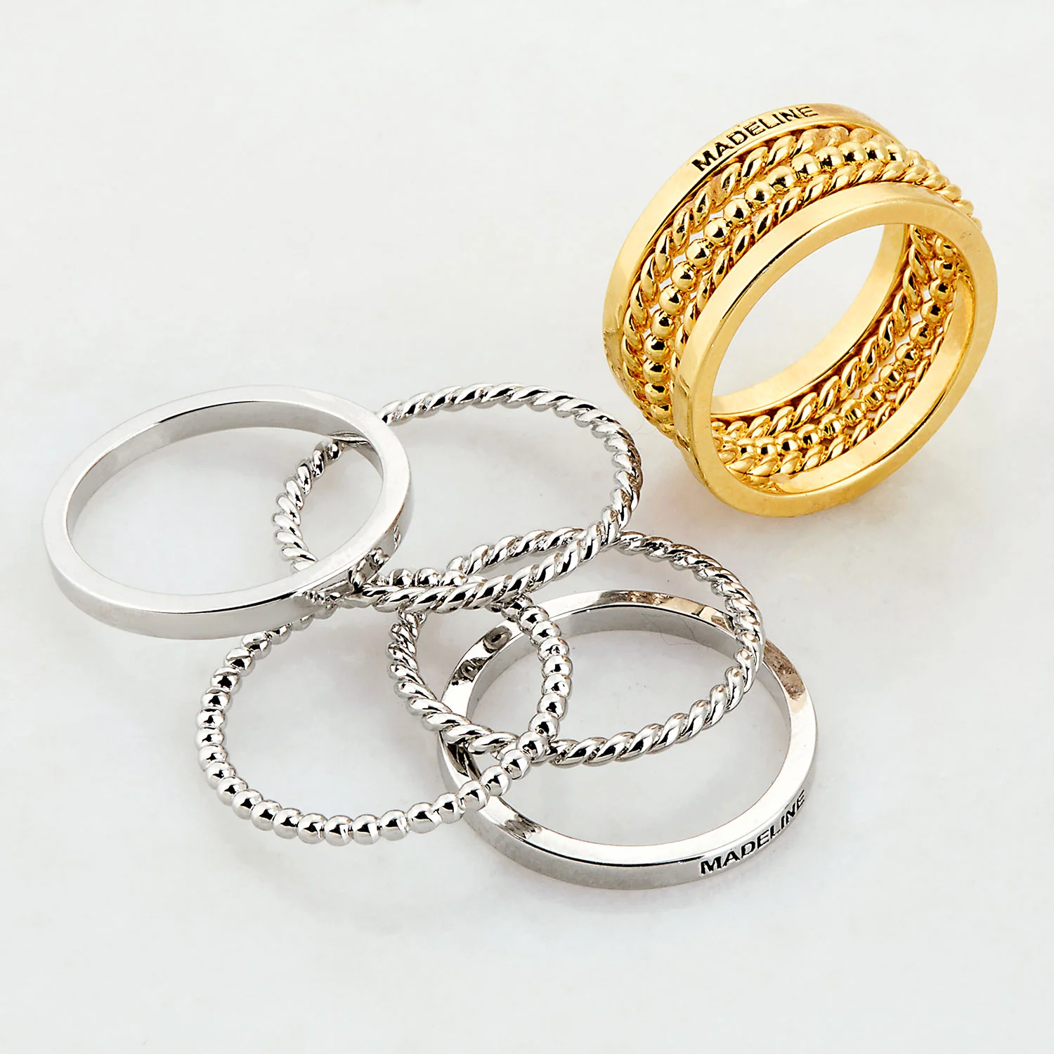 Silver Personalized Roped and Beaded Stackable 5 Ring Set - Image 5