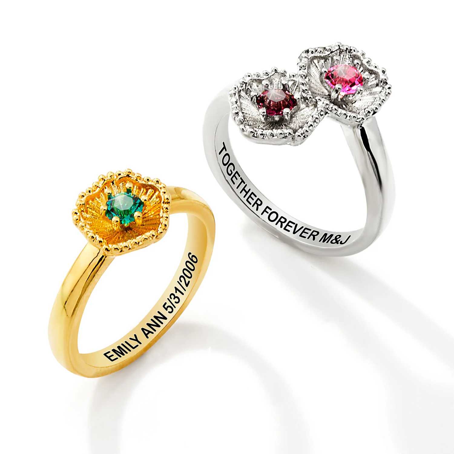 Silver Plated 3-D Double Flower Bypass Birthstone Flower Ring