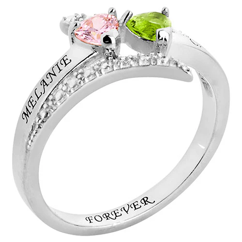 Silver Plated Couple's Heart Birthstone Bypass Diamond Accent Ring - Image 2