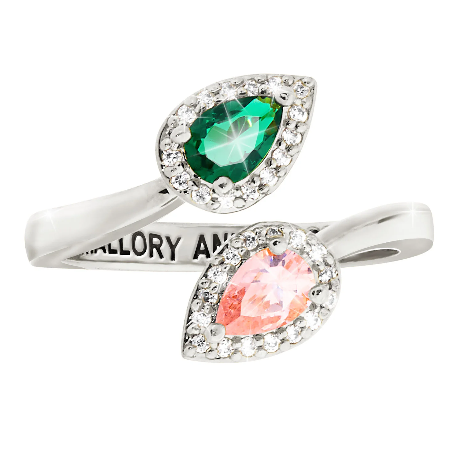 Silver Plated Couple's Pear Birthstone CZ Halo Bypass Ring - Image 3