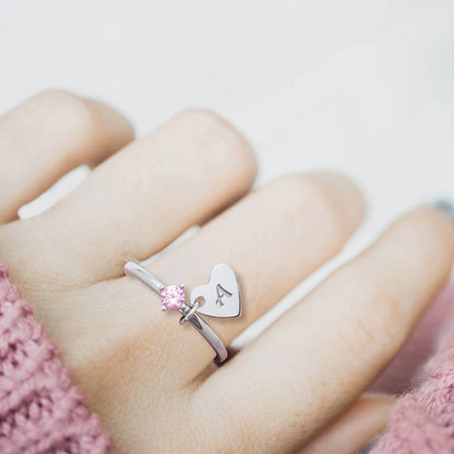 Silver Plated Dainty Heart Charm Ring with Birthstone - Image 3