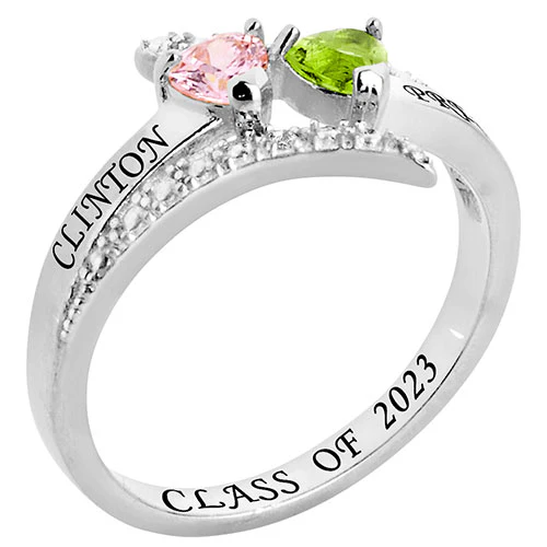 Silver Plated Double Heart Birthstone Bypass Diamond Accent Class Ring - Image 2