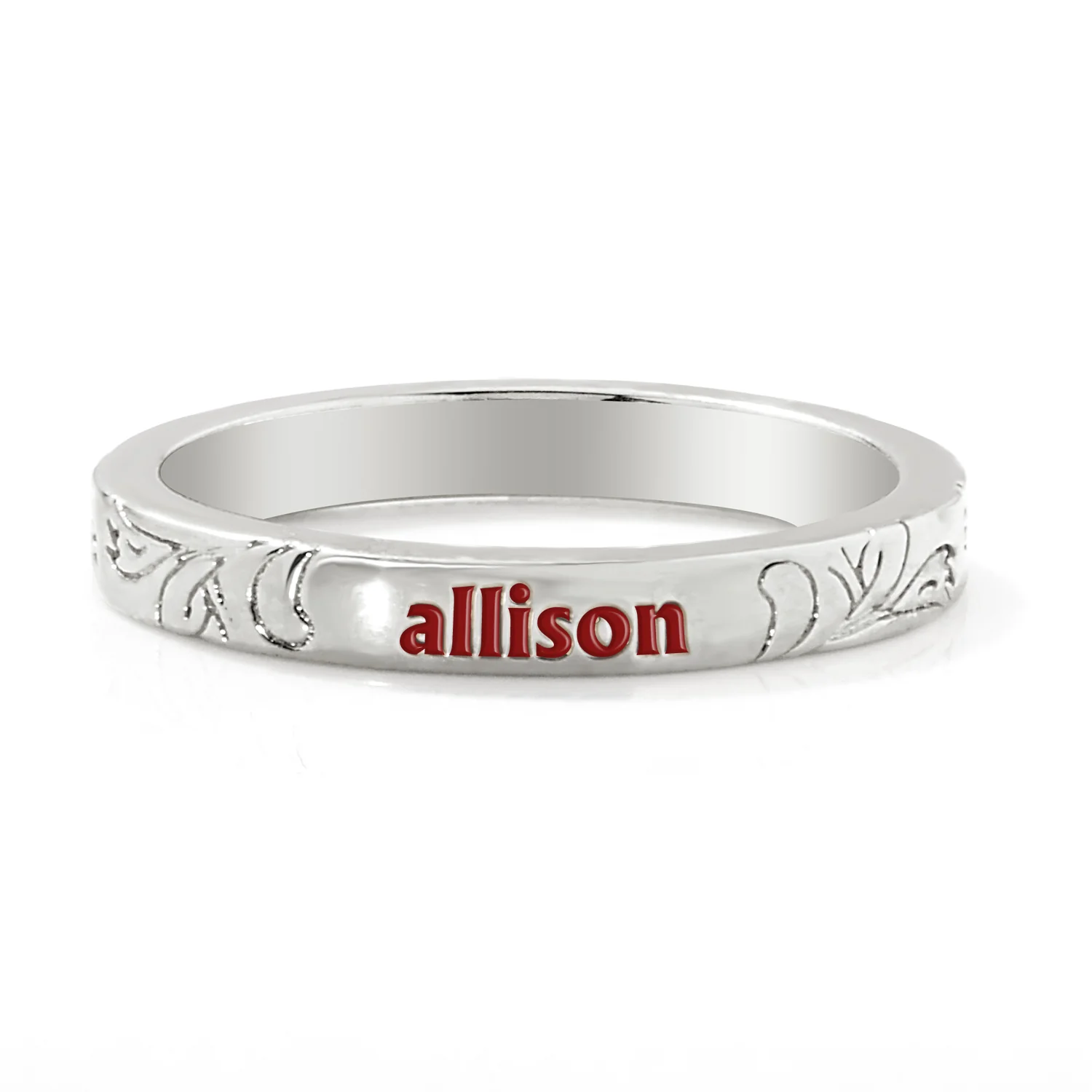 Silver Plated Enamel Name Floral Filigree Band Ring - Image 4
