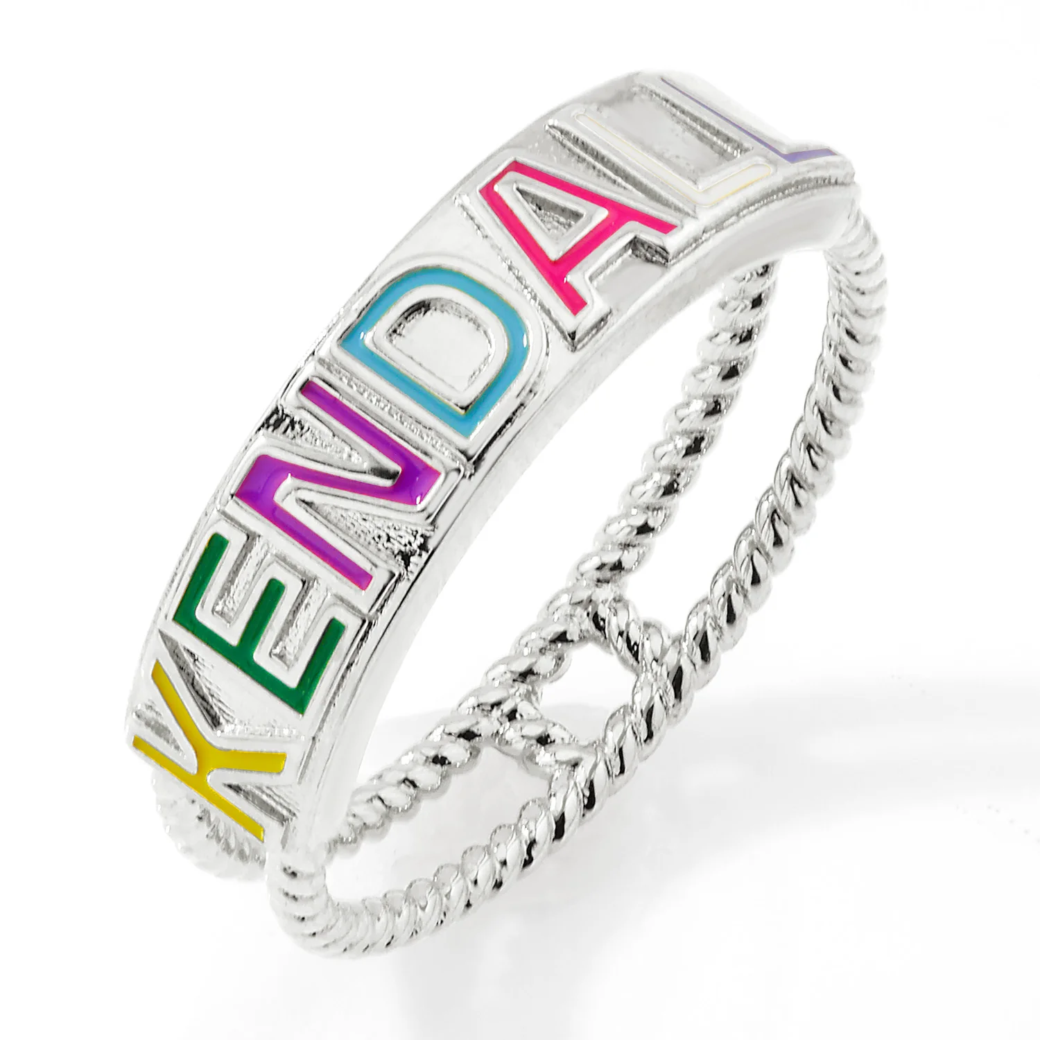 Silver Plated Enamel Name with Double Roped Band Ring - Image 3
