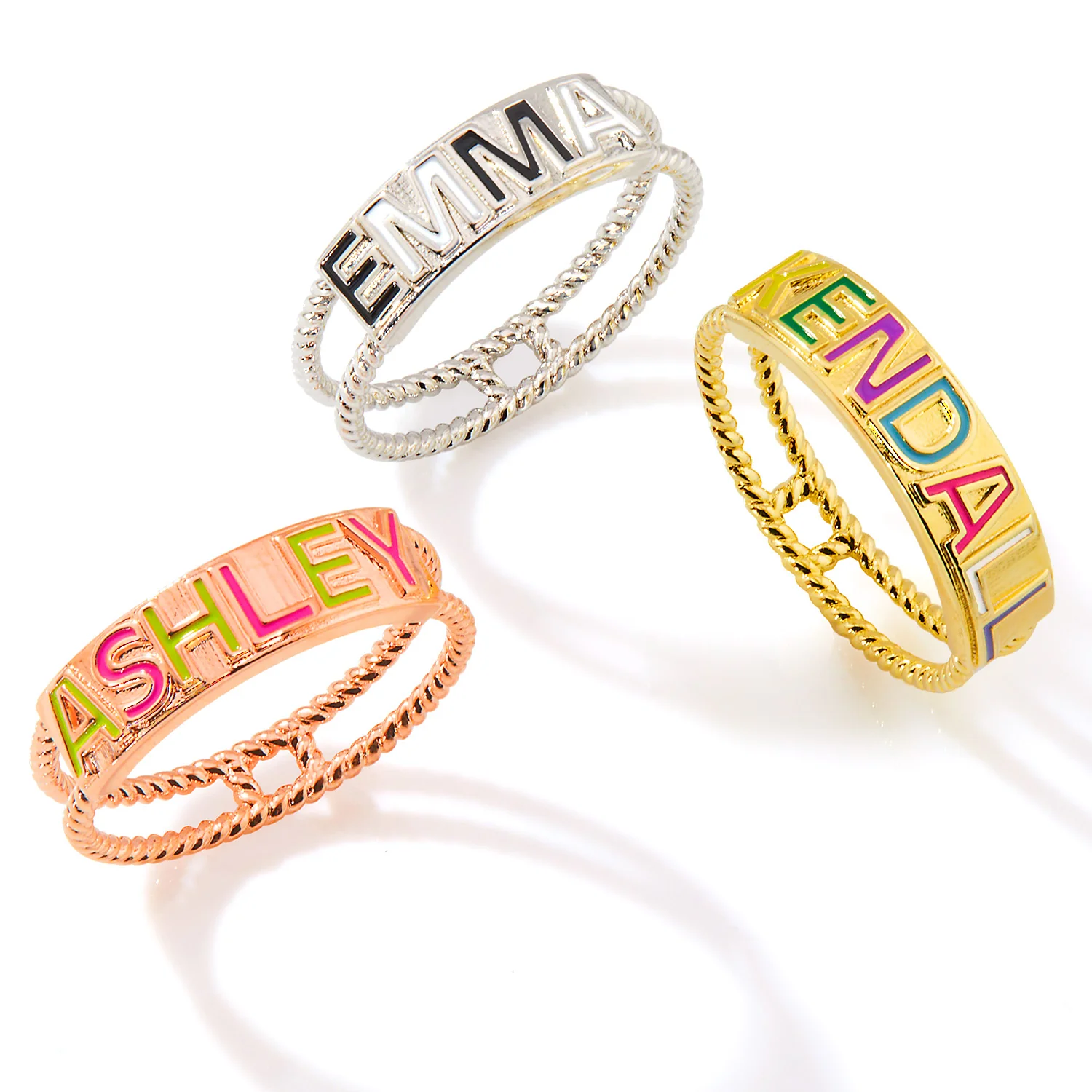 Silver Plated Enamel Name with Double Roped Band Ring - Image 6