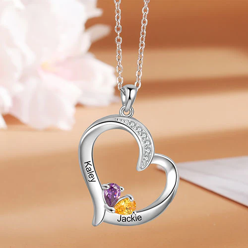 Silver Plated Engraved 2 Birthstone CZ Open Heart Necklace - Image 2