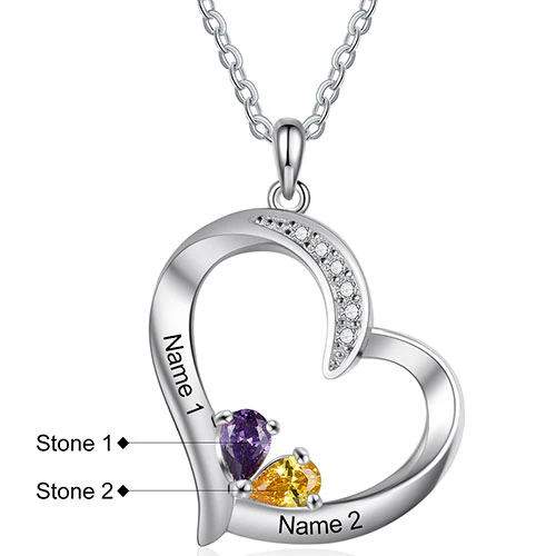 Silver Plated Engraved 2 Birthstone CZ Open Heart Necklace - Image 3