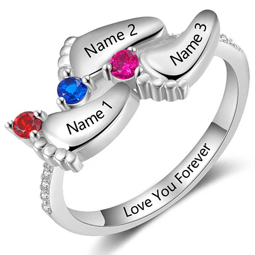 Silver Plated Engraved 3 Birthstone Footprints Family Ring