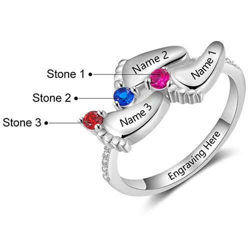 Silver Plated Engraved 3 Birthstone Footprints Family Ring - Image 2